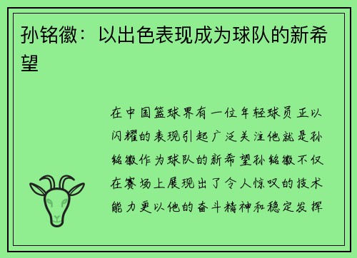 孙铭徽：以出色表现成为球队的新希望