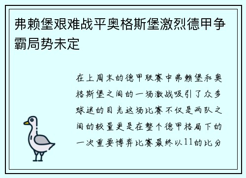 弗赖堡艰难战平奥格斯堡激烈德甲争霸局势未定
