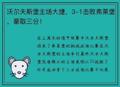 沃尔夫斯堡主场大捷，3-1击败弗莱堡，豪取三分！