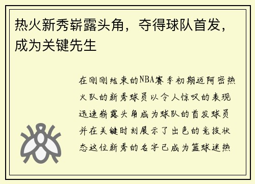 热火新秀崭露头角，夺得球队首发，成为关键先生