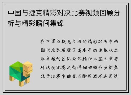 中国与捷克精彩对决比赛视频回顾分析与精彩瞬间集锦